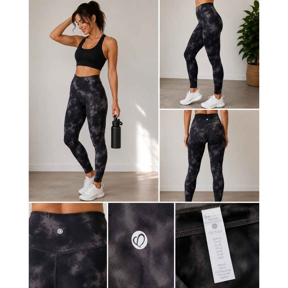 CRZ YOGA Womens High Waisted Tie Dye Leggings Black Grey Lycra Yoga Pants S 4-6